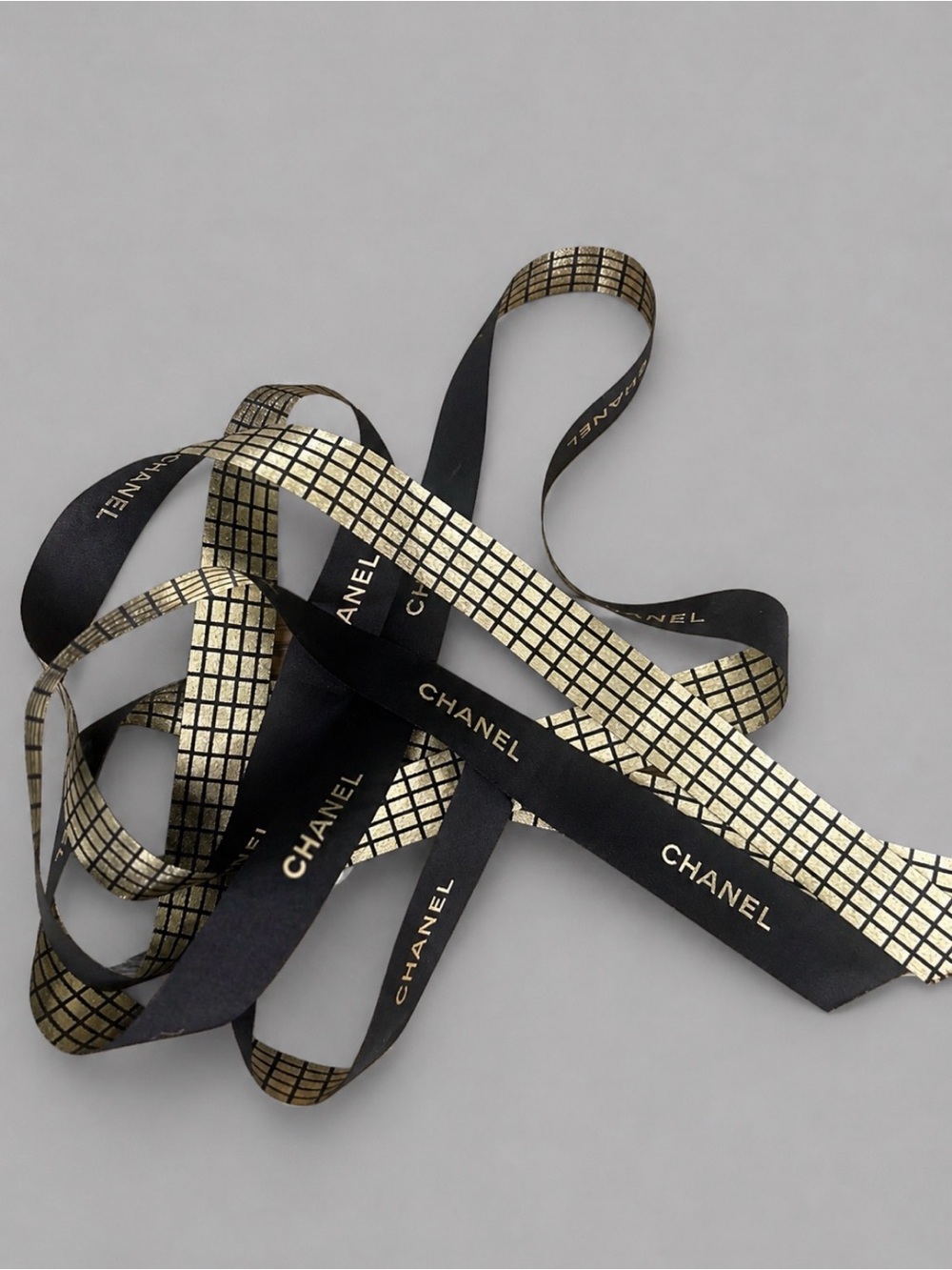 2 Chanel Gift Ribbons Black Gold Logo Ribbon 39” Each Authentic